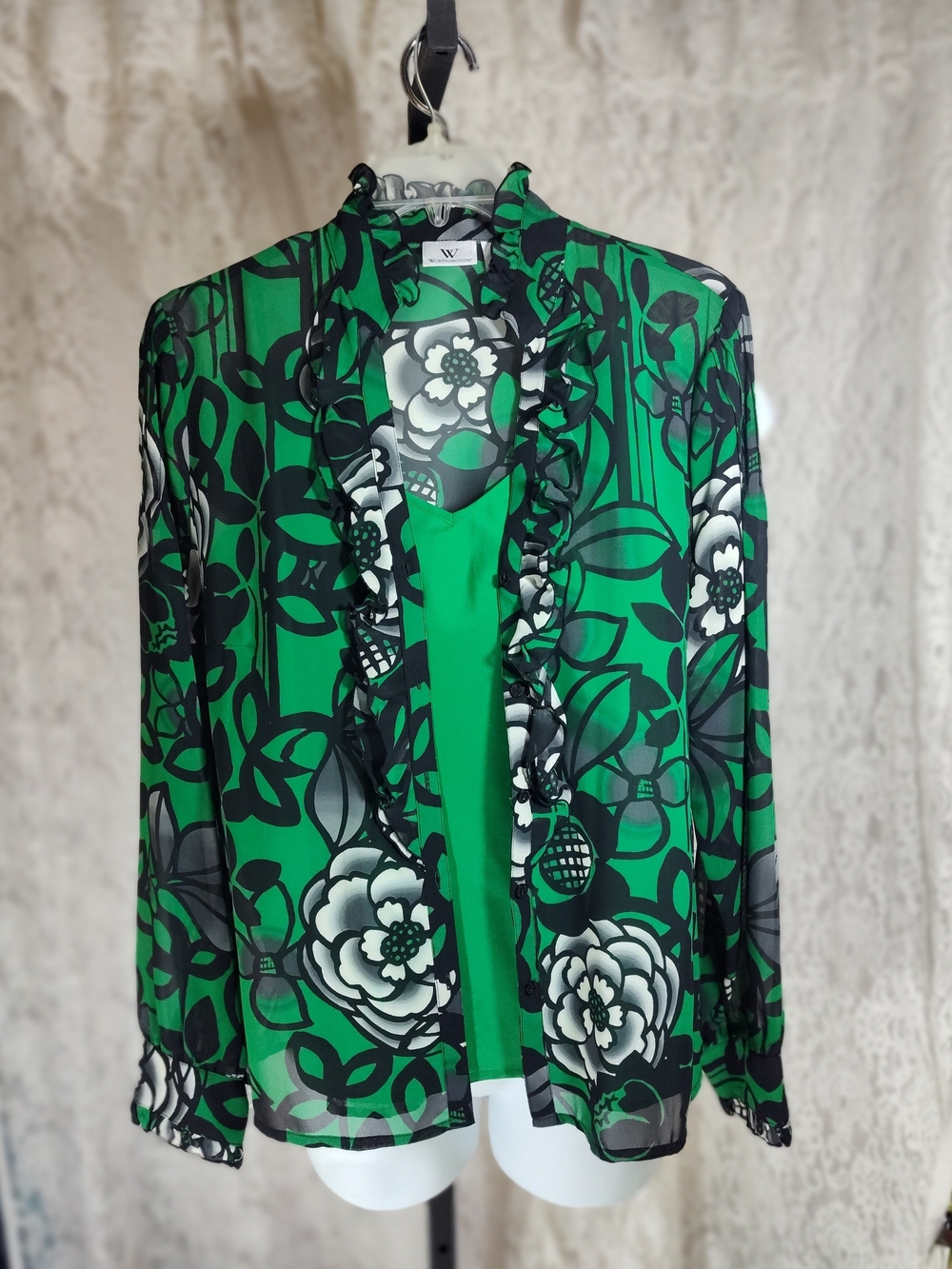 Worthington Green and Black Floral Blouse & Camisole Set